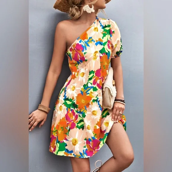 Floral One-Shoulder Puff Sleeve Dress - Picture 5 of 6
